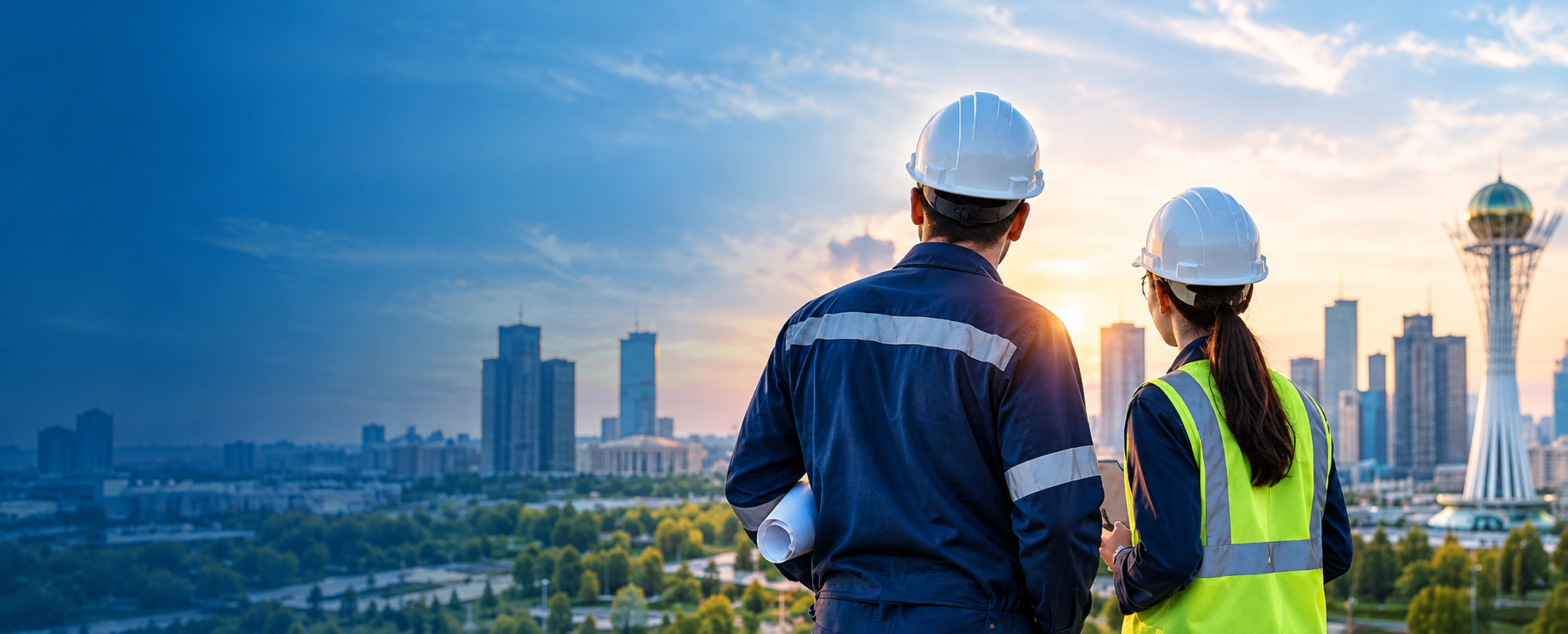 Occupational safety specialists with Astana in the background